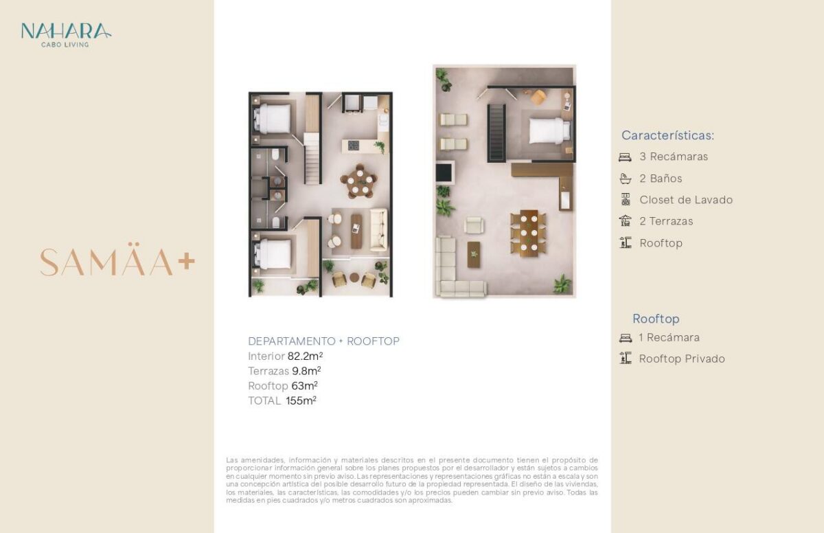 Los Cabos Nahara Cabo Living Penthouse Model featuring a total of 3 bedrooms, including 2 bedrooms on the main level and a third bedroom on the private rooftop terrace. Thoughtfully designed to maximize space, comfort, and natural light, this residence offers two expansive terraces that create a bright and inviting indoor-outdoor living experience.The development features elevator access, a commercial area, resort-style swimming pools, a fully equipped fitness center, and an exceptional collection of luxury amenities. Enjoy beautiful ocean – Corazon, Cabo San Lucas, BS