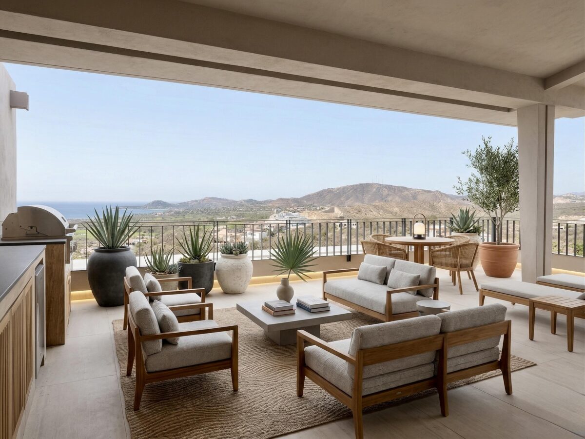 Los Cabos Lumaria Lumaria C-106 is a upscale turnkey two-bedroom, two-bathroom ground-floor residence in El Tezal with ocean, Arch, pool and garden – 306 Bahia de las Palmas, San Jose del Cabo, BS
